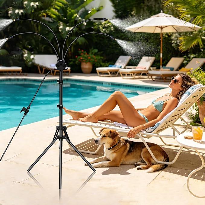 Patio Standing Cooling Sprayer, 12M Mist Hose with 4 Brass Nozzles, 360° Adjustable Angle, Mist Cooling System for Terraces, Gardens and Outdoors