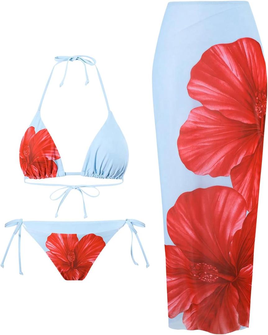 WDIRARA Women's Bikini Sets Floral Print Triangle Halter Tie Back Swimsuit with Cover Up Skirt (Blue, XS)