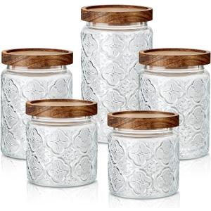 Gerrii 5 Pcs Vintage Glass Food Storage Containers 17/24/34 oz Glass Jar with Lid Airtight Candy Food Canisters for Kitchen Counter Pantry Coffee Beans(Clear,Begonia Round)