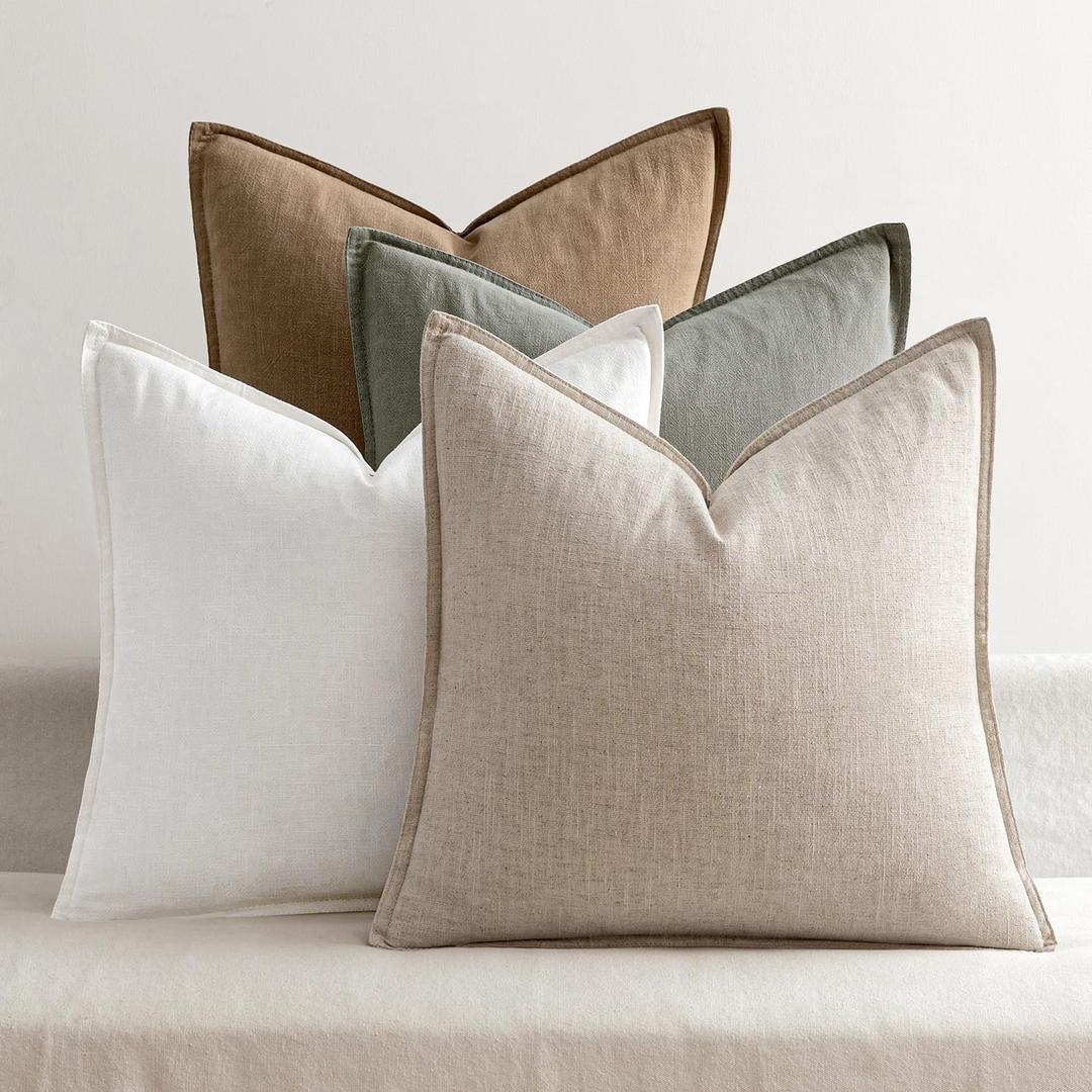 MIULEE Neutral Green Linen Pillow Covers Pack of 4 Decorative Natural Solid Throw Pillow Covers Accent Boho Farmhouse Couch Pillowcases Modern Spring Home Decor for Living Room Bed Sofa 18x18 Inch