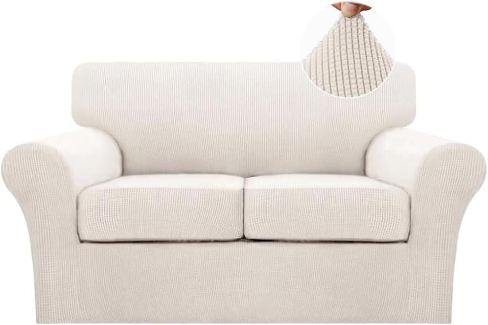 Turquoize 3 Piece Sofa Covers for 2 Cushion Couch Loveseat Slipcover Soft Couch Cover for Dogs-Washable Sofa Furniture Cover with 2 Individual Cushion Covers, Thick Jacquard Fabric (Loveseat, Ivory)