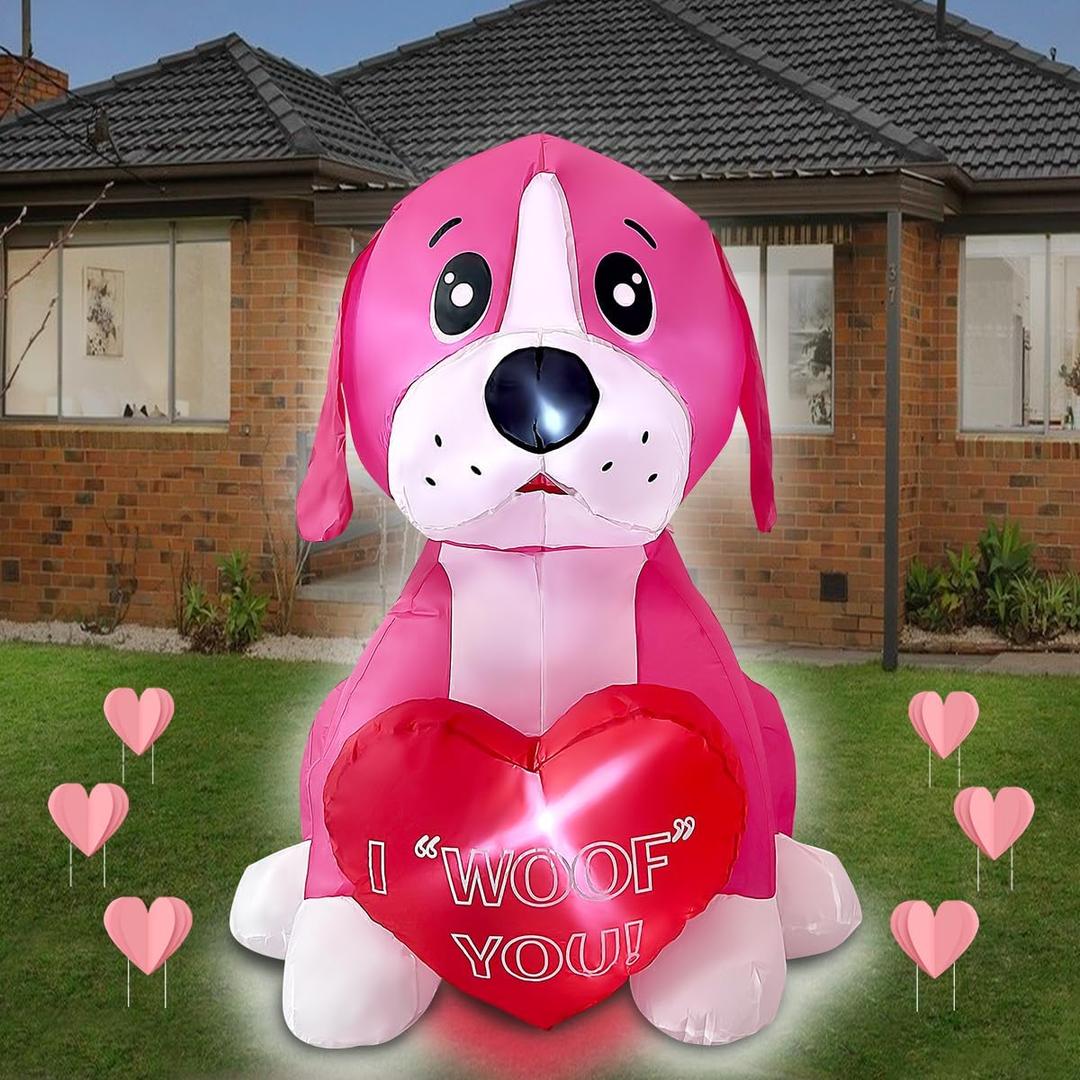 4ft Valentines Day Inflatables Pink Dog with Heart Decoration, LED Blow Up Lighted Decor Indoor Outdoor Holiday Art Decor Romantic Gift for Anniversary Wedding Party