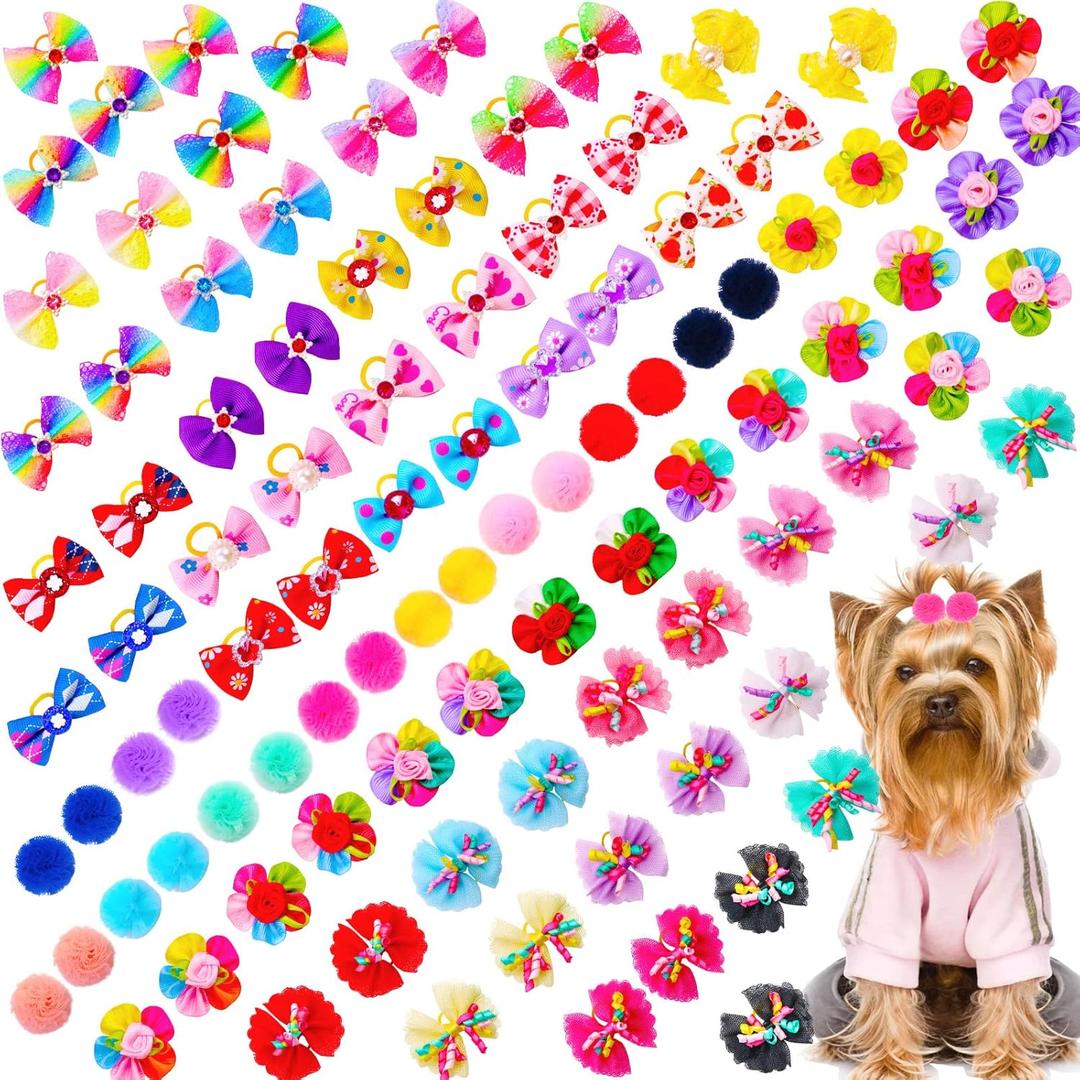 100pcs Dog Hair Bows, Small Puppy Grooming Bows with Rubber Bands - Mix Dainty Handmade Hair Accessories for Pet Yorkie and Tiny Dogs