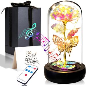 Birthday Rose Flower Gifts for Women, Mothers Day Glass Rose Gift for Mom from Daughter Son, Colorful White Rainbow Rose in Glass Dome with Music Box, Light Up Rose in Glass Dome for Her Wife Grandma
