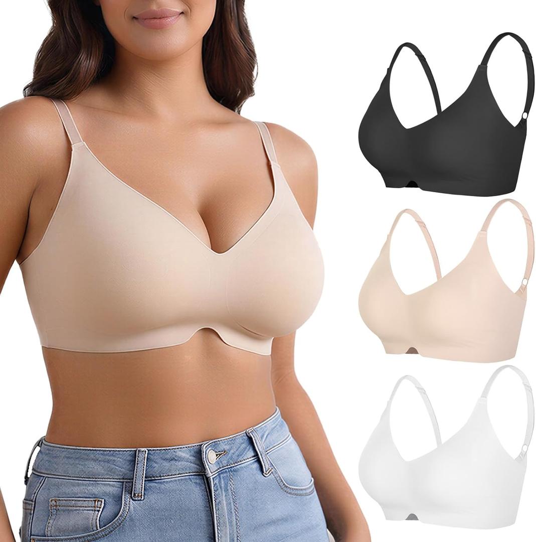 3 Pack Bra for Women No Underwire Seamless Full Coverage V-Neck Bralette with Adjustable Straps Removable Padding L