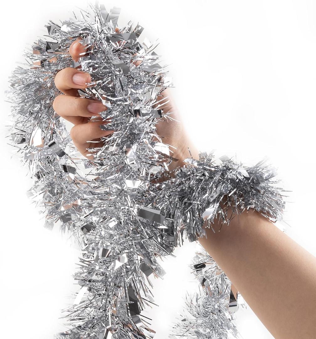 Tinsel Garland, Silver Holiday Metalic Decorations for Birthday, Wedding, Festivities, Halloween, Christmas, Xmas Sparkly Garlands for All-Season Indoor Outdoor Home Party Decor