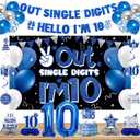 DARUNAXY 10th Birthday Party Decorations for Boys Girls, Blue Out Single Digits Im 10 Banner, 10 Number Balloons & Cake Topper, 10 Years Old Birthday Honeycomb Hanging Swirl Confetti Balloons (28PC)