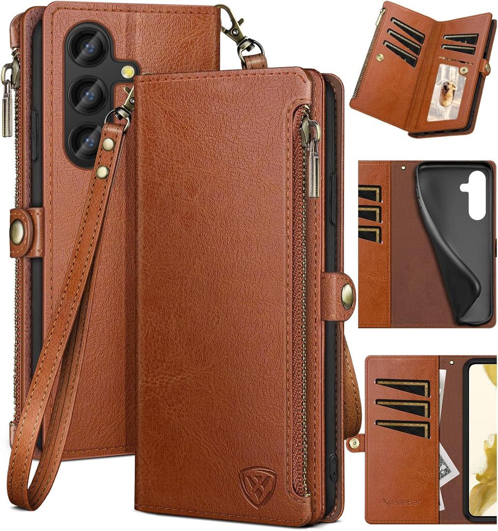 XcaseBar for S24 Plus/S24+ Wallet case with Zipper Credit Card Holder RFID Blocking,Flip Folio Book PU Leather Shockproof Protective Cover Women Men for S24Plus case Light Brown