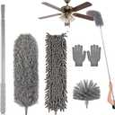 Microfiber Feather Duster 5-in-1 Kit with Extension Pole, Washable Cleaning Duster Set with 3 Duster Heads, Cobweb Duster, Corner Brush, 100'' Extendable Long Duster for High Ceilings, Fans, Furniture