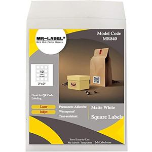 Mr-Label 2" Square White Synthetic Paper Sticker Label - Waterproof and Tear-Resistant - for Inkjet & Laser Printer - for Food Package | Gift Bag | Jar (100 Sheets Total 1200 Labels)