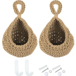 PATIKIL Hanging Fruit Baskets for Kitchen, 2 Pack Mini Size Teardrop Home Decor Storage Hand-Woven Hanging Baskets for Garlic Potato Vegetable, Brown
