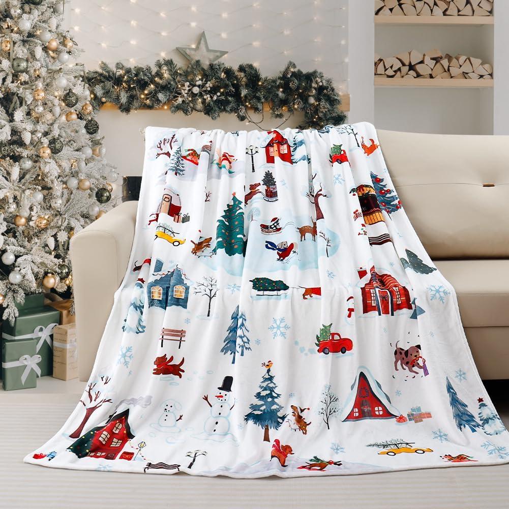 Christmas Throw Blanket Cute Xmas Dog Snowflake Blankets Ultra Soft Farmhouse Snowman Flannel Fleece Throw Warm Cozy Winter Holiday Fuzzy Plus Gift Cabin Throw for Bed Sofa, 60" X 80" (Blue Gray Puppy)