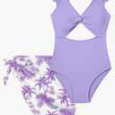 Girls One Piece Swimsuit Cut Out Ruffle Bathing Suit Twist V Neck Swimwear Solid Color with Cover Up Skirt 11-12 Y