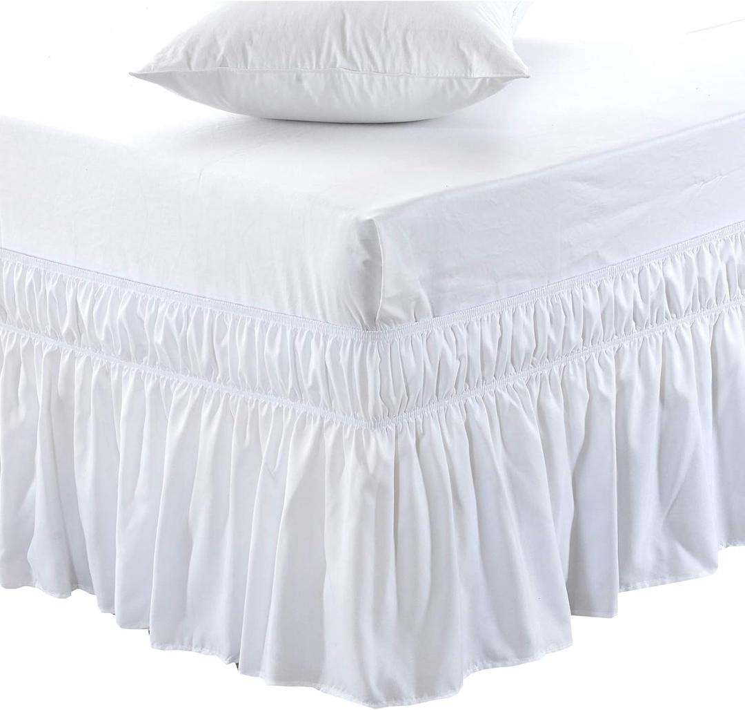 MEILA Wrap Around Bed Skirt Three Fabric Sides Elastic Dust Ruffled 18 Inch Tailored Drop,Easy to Install Fade Resistant-White, Queen/King
