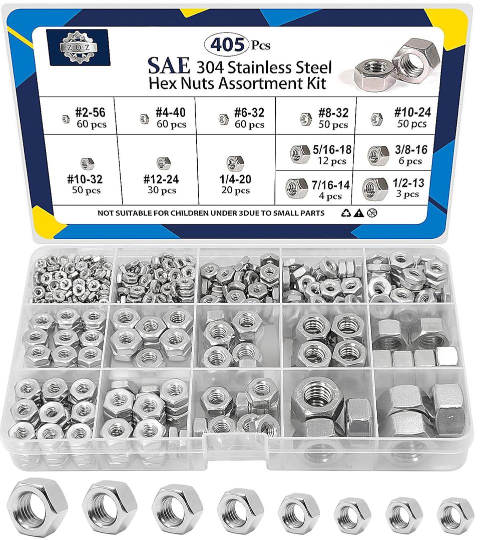 ZQZ 405 Pcs SAE Hex Nuts Assortment Kit, #2-56#4-40#6-32#8-32#10-24#10-32#12-24 1/4"-20 5/16"-18 3/8"-16 7/16"-14 1/2"-13, 304 Stainless Steel Hex Nuts Set