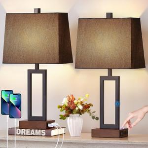 Touch Control Table Lamps Set of 2, Modern Bedside Lamps with 2 USB Charging Ports & AC Outlet, 3-Way Dimmable Wood Nightstand Lamp for Living Room Bedroom End Table Office Black(2 LED Bulbs Included)