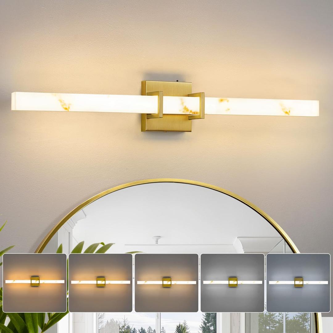 Linour Modern Bathroom Vanity Light 30 inch, 20W Dimmable 5CCT Led Bathroom Light Fixture Over Mirror, Gold Bar Vanity Light with Faux Marble Resin Shade for Bathroom Mirror Restroom