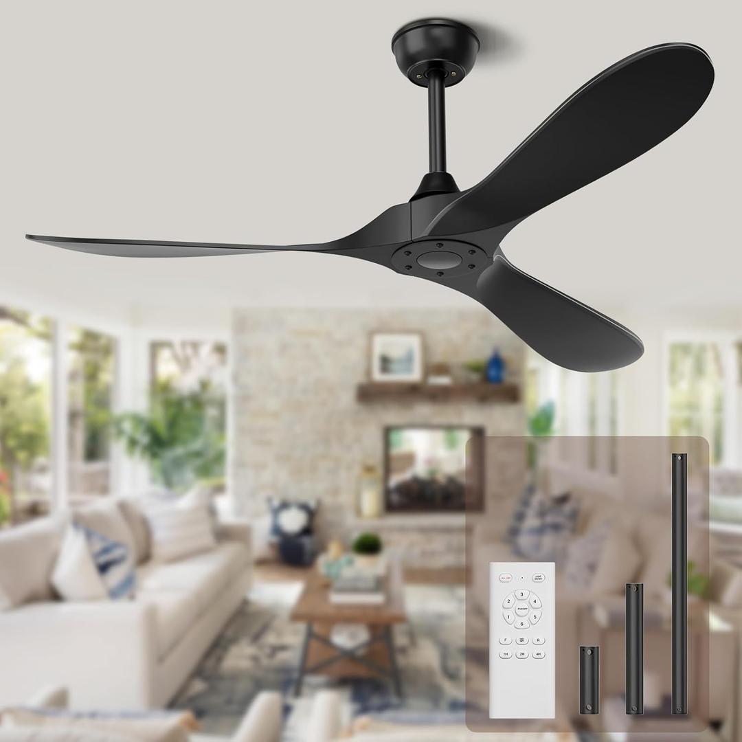 Black Ceiling Fan No Light, 52 in Outdoor Ceiling Fan with Remote, Indoor Ceiling Fans without lights 3 Blades, 6 Speed Reversible DC Motor Modern for Patios, Kitchen, Bedroom, Porch (Black)
