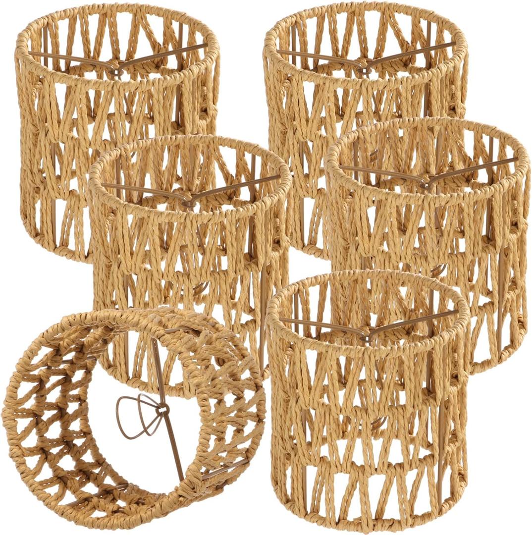 6 PCS Rattan Lamp Shades, Clip-on Rattan Lamp Shade, Chandelier Candle Bulb Lampshade, Natural Touch Hand Woven Lampshade for Chandeliers, Pendants, Wall Sconces, 5.1 x 5.1 in