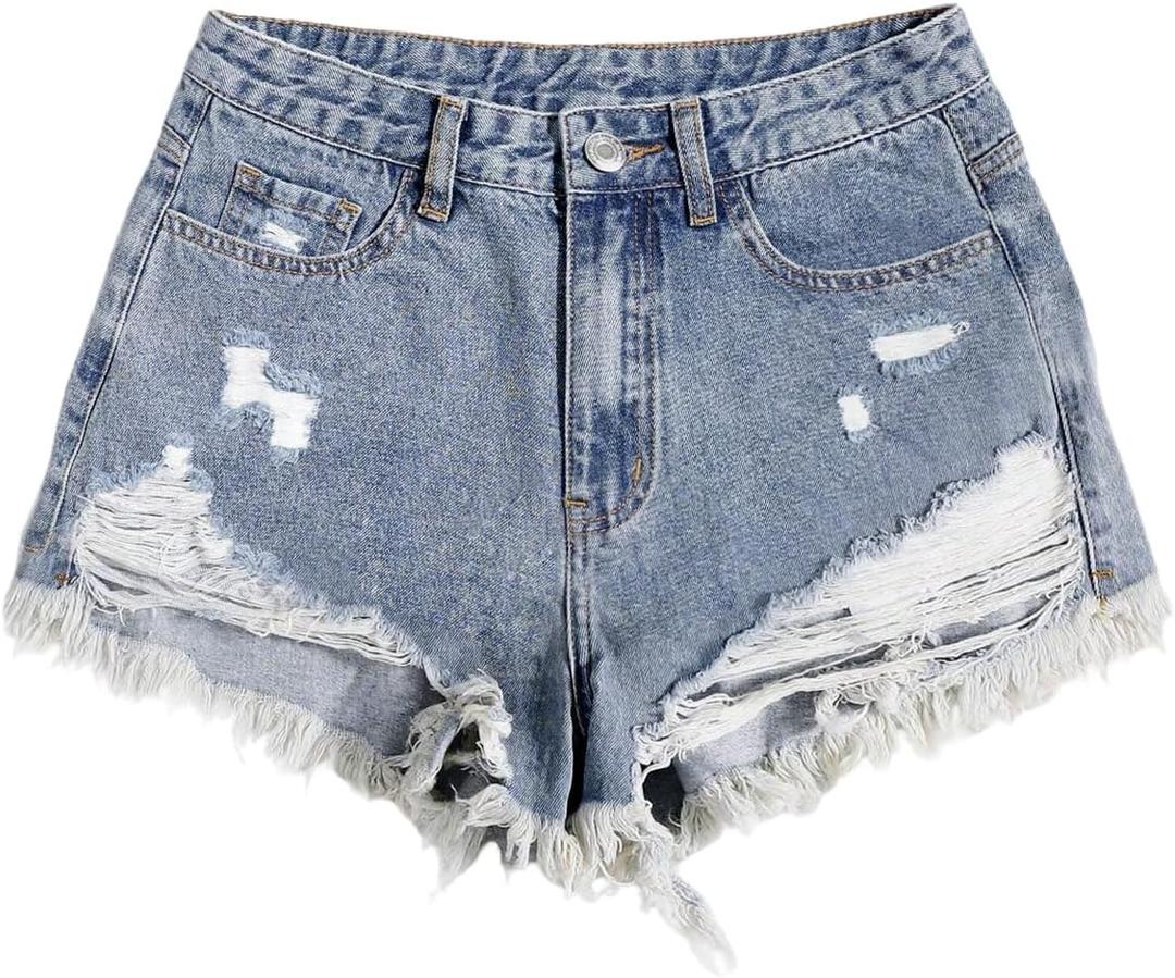 SOLY HUX Women's Ripped Raw Hem Jean Shorts High Waisted Straight Leg Denim Shorts Streetwear (Blue, L)