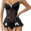 Lilosy Sexy Stocking Garter Belt Bows Floral Lace Babydoll Corset Push Up Teddy Lingerie Set with Panty (X-Large, Black)