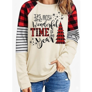 Women's Christmas Shirts Holiday Outfits Xmas Graphic Plaid Striped Raglan Long Sleeve Tops, S