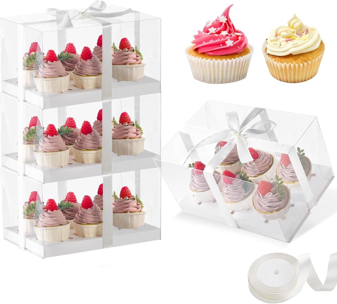 JCD 4 Pack Clear Cupcake Boxes, Plastic Cupcake Containers with Gift Ribbon, 5.5inches height Holder 6 Count Cup Cake Boxes for Parties, Baking, Wedding, Transport (6count/4pcs)
