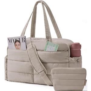 BAGSMART Gym Bag for Women, Lightweight Puffer Duffle Bag 2-PC Travel Bag, 31L Weekender Overnight Bag Quilted Carry On Tote Bag, Diaper Hospital Dance bag for Travel, Gym, Water Resistant, Camel