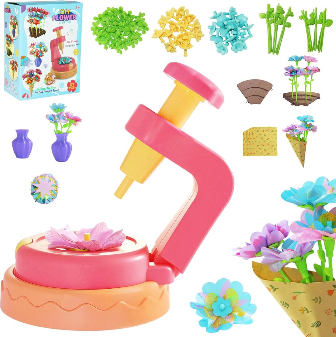 KEGOZ Flower Making Machine for Kids, DIY Flower Craft Kit with Flower Maker, Arts and Crafts for Girls Ages 4-6-8, Birthday Easter Gifts for 4 5 6 7 8 9 Year Old Girls, Kids DIY Bouquet Making Toy
