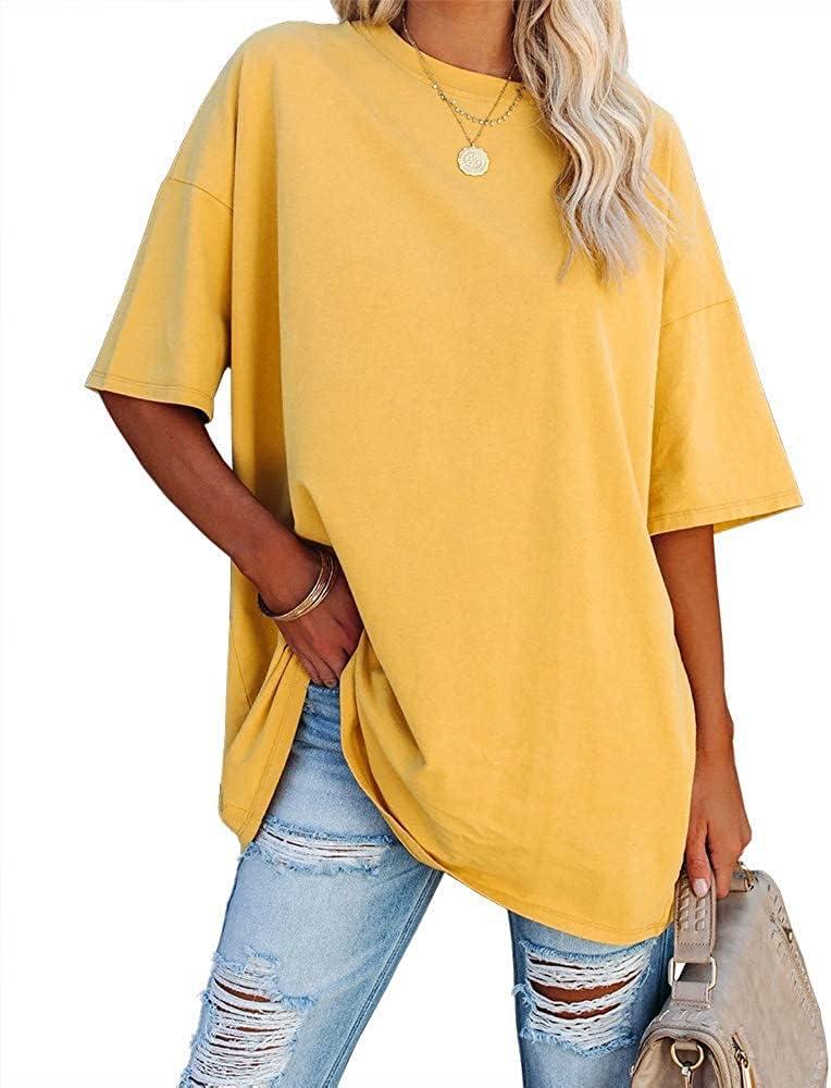 Fisoew Women's Oversized T Shirts Tees Half Sleeve Crew Neck Cotton Tunic Tops (Yellow)