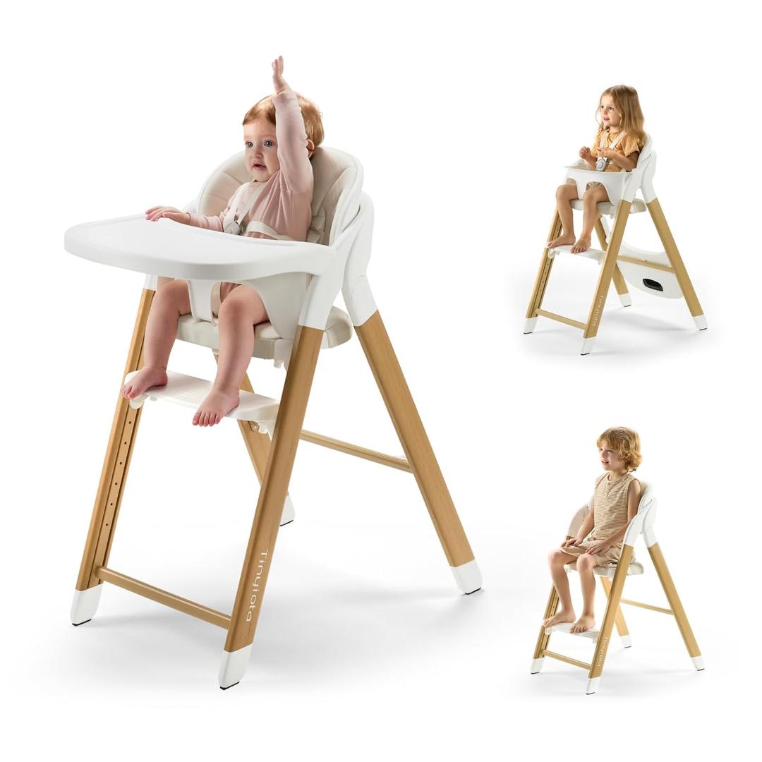 Tinyiota High Chair for Babies and Toddlers, 8-Level Adjustable Foldable Convertible Baby Highchair with Removable Tray, Ergonomic Feeding Chair Transitions from Infant to Adult, Wood-Look Metal