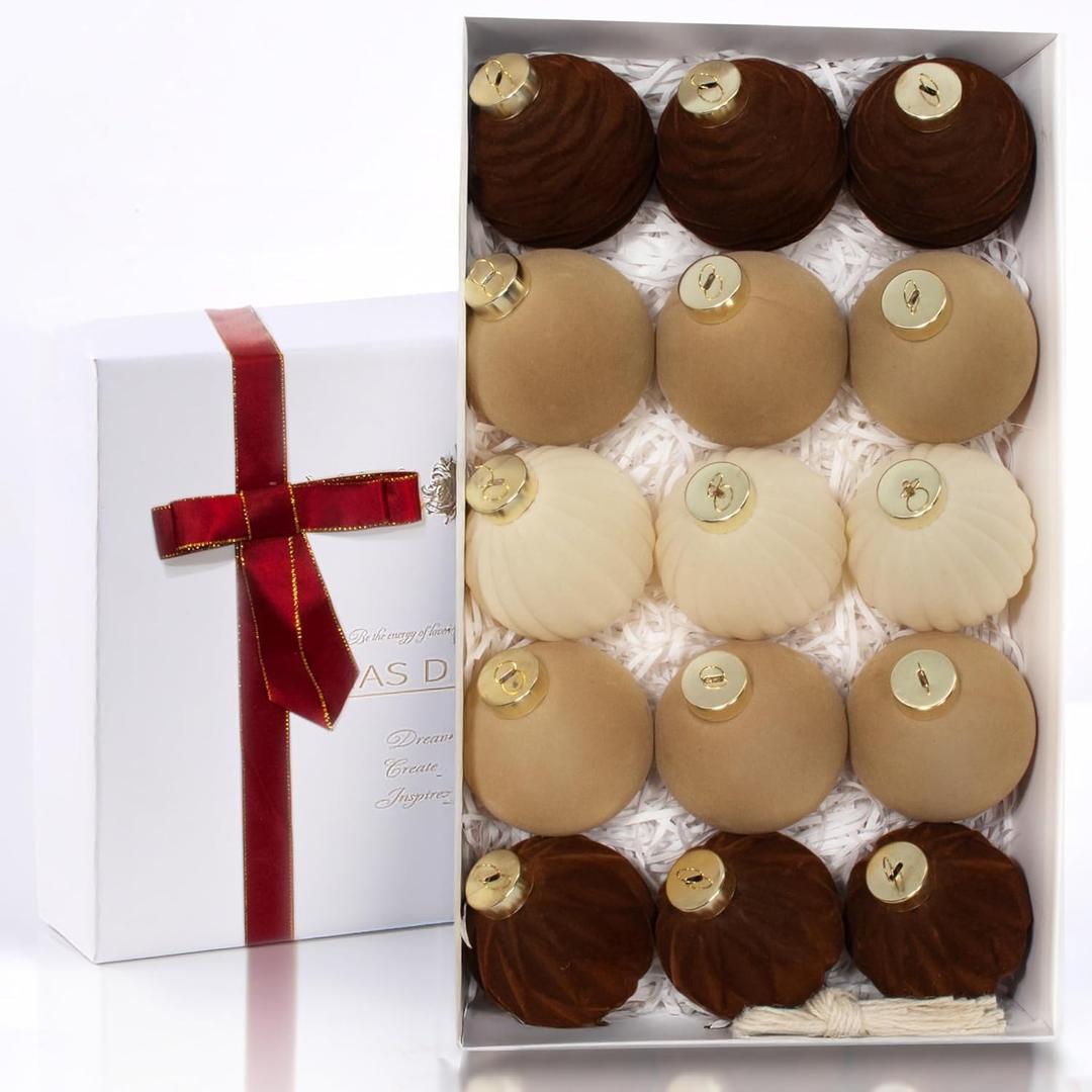 15PCS Velvet Flocked Christmas Ornaments, 3.15" Shatterproof Balls for Xmas Tree Decor, Elegant Luxury Holiday Ornaments (Brown, Light Coffee, Beige)