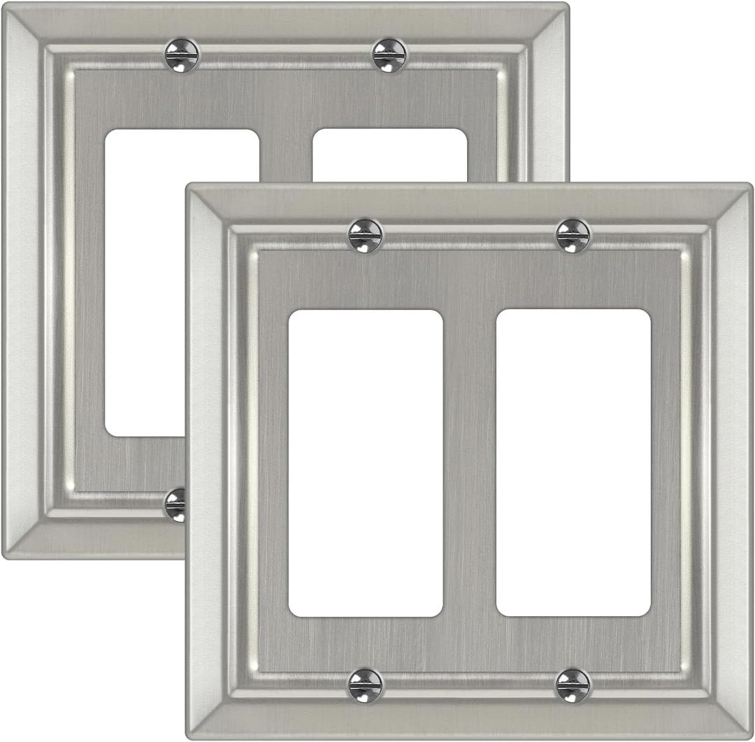 Metal Wall Plate for Electrical Outlets, Decorative Brushed Nickel Switch Plates Outlet Cover, Light Switch Cover Plate, 2-Gang Wall Plates (Double Decorator, 2 Pack)