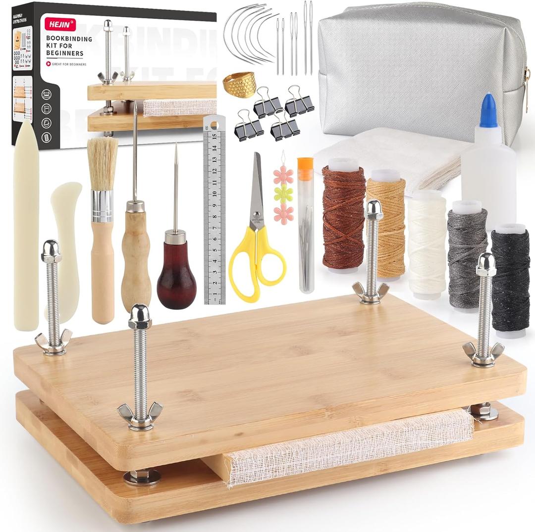 HEJIN Book Binding Kits, Bamboo Wood Book Press with Plastic Bone Folder, Waxed Thread, Book Binding Materials for Beginners Bookbinding Supplies
