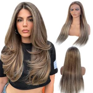 13x4 Glueless Lace Front Wigs Human Hair for White Women, 180% Density Real Pre Bleached Tiny Knots Highlight Lace Front Wig 100% Human Hair Brown Mixed Blonde HD Lace Front Wig Natural Hairline 28in (-#6T6P18)