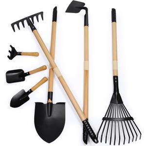 7PCS Kids Gardening Tools, Long Shovel, Rake for Leaves, Spade, Hoe, Steel Heads & Real Wood Handle, Yard Tools for Children Toddlers Gifts (Black)