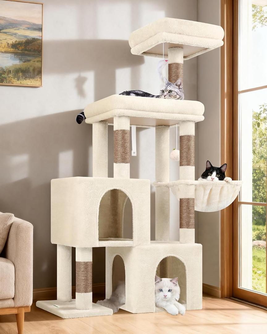 Globlazer Cat Tree Condo Tower for Multiple Indoor Cats, 52in Multi-Level Cat Scratching Tree with Cat Condos, 5 Sisal Scratching Posts, 2 Padded Perches, Big Haging Basket, Widened Base, S52, Beige