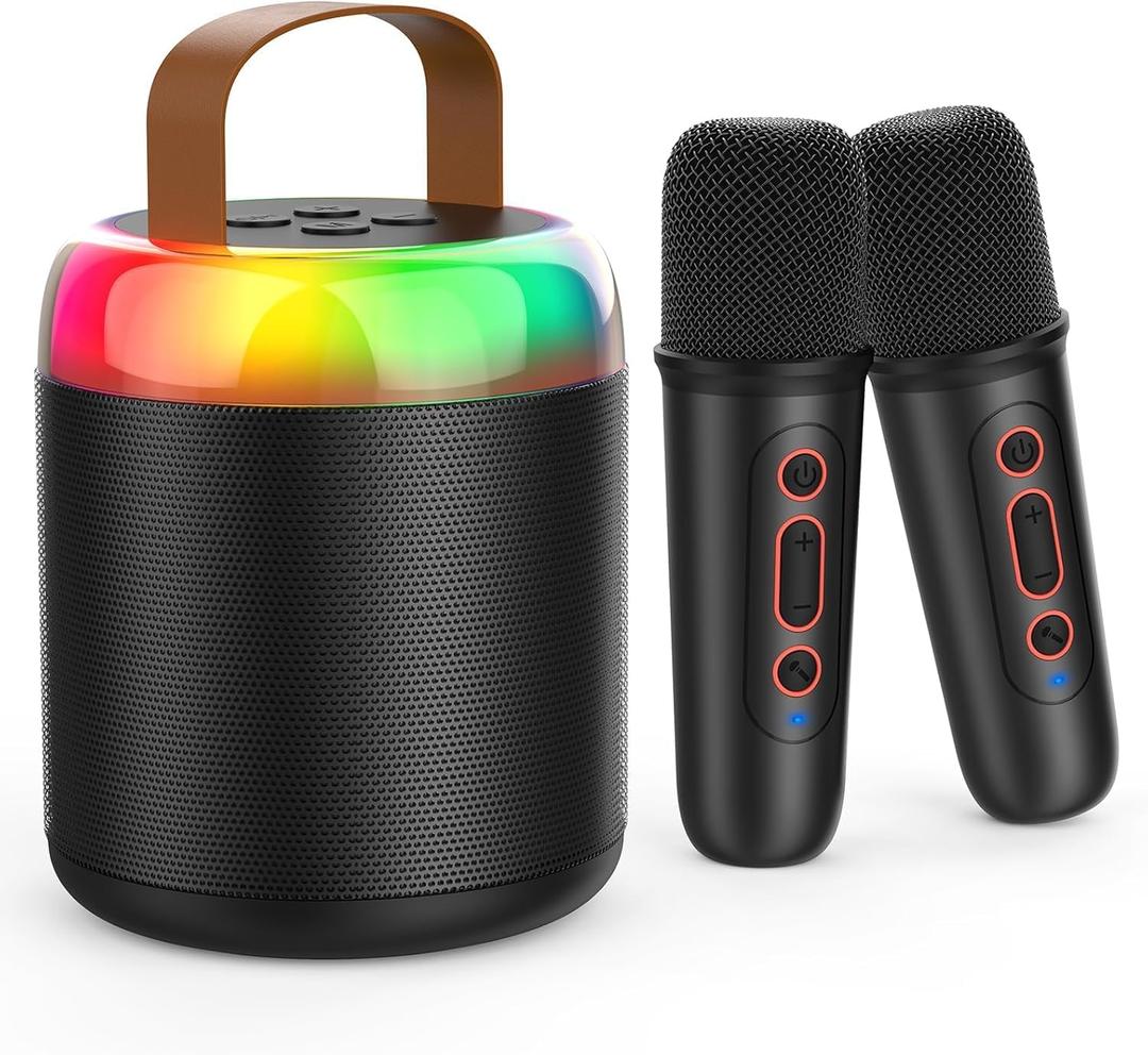 Mini Karaoke Machine for Kids Portable Bluetooth 5.3 Speaker Led Lights with 2 Wireless Microphones Karaoke Toy Gifts for Girls Boys Audlt Birthday Christmas Solid Metal Body (Black)