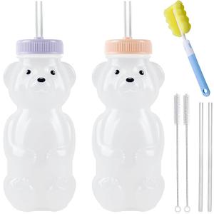Honey Bear Straw Cups, Juice Bear Bottle Drinking Cup Long Straws with 4 Flexible Straws & Cleaning Tools, 8-Ounce Therapy Sippy Bottles for Speech and Feeding Training, Food-Grade & BPA Free 2 Pack, Small