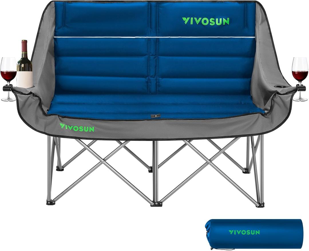 VIVOSUN Double Camping Chair, Fully Padded Folding Loveseat, Oversized Duo Chair with Cup & Wine Glass Holders, Pocket, Armrests & Carry Bag (Blue)