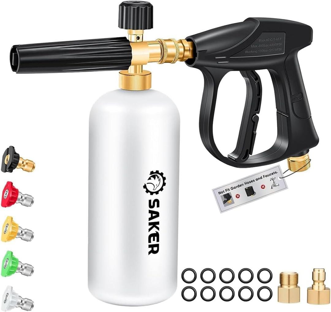 Saker Short Pressure Washer Gun with Foam Cannon, M22-14 to M22-15 and M22-14 to 3/8 Inch Brass Adapter Connector, with 5 Pressure Washer Nozzles