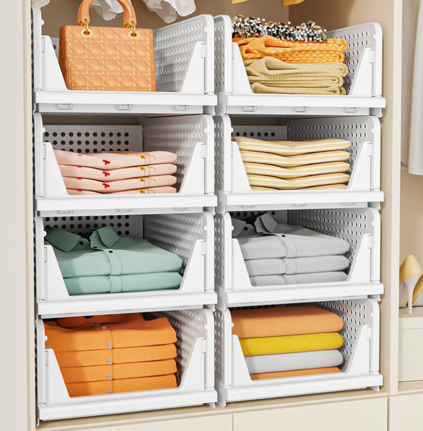 SNSLXH 5 Pack Stackable Closet Storage Basket, Multifunctional & Foldable Closet Organizer for Bathroom Kitchen Laundry Room Wardrobe Storage, Space-Saving Clothes Storage Drawer Organizer, White