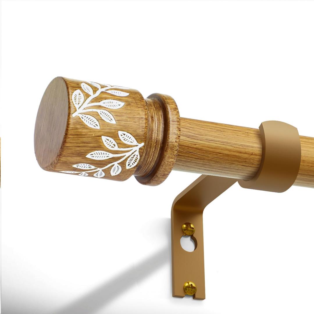 QDWIS Natural Wood Curtain Rods for Windows 28 to 48 inch Boho Decorative Handmade Wood Grain Drapery Rods with Leaf Finial 1" Adjustable Heavy Duty Curtain rod for Living Room Bedroom Kitchen
