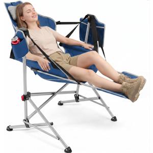 Hammock Camping Chair with Footrest, Oversized Swinging Folding Camp Chair for Adults, Adjustable Back & Seat, Heavy Duty Rocking Chair with Cup Holder & Pillow for Outdoor Patio Lawn RV, Blue