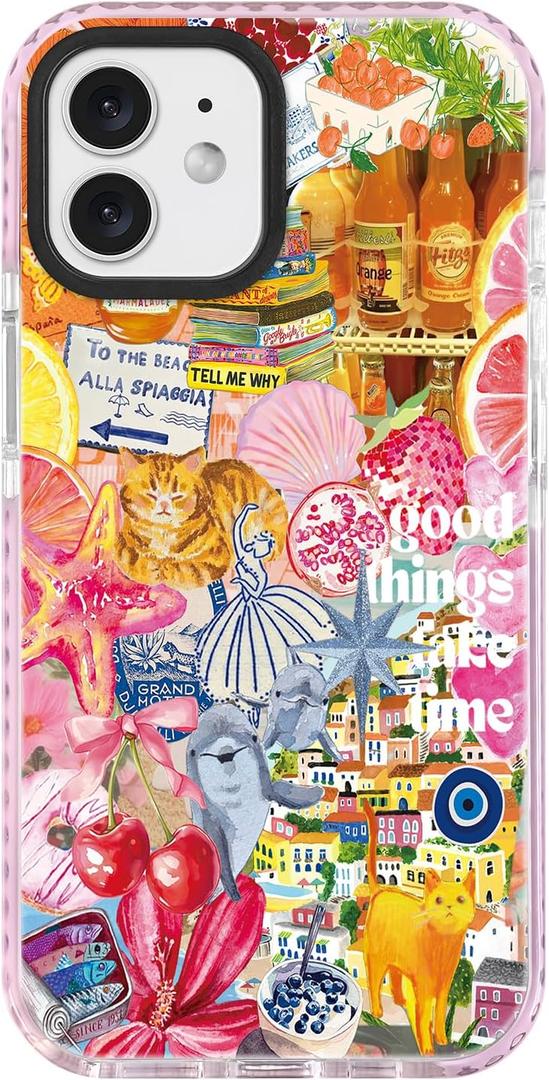 ChiCsFleur for iPhone 12 / iPhone 12 Pro Case, TPU Phone case with Camera Protection for Women Girls Teens - Orange Italian Gift Y2K Collage Coastal Evil Eye Lemon Cherry Design Beach Aesthetic