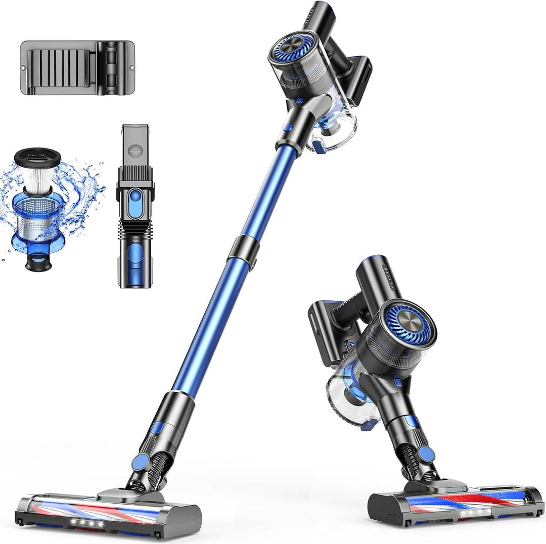 Cordless Vacuum Cleaner, 80000 RPM High-Speed Brushless Motor Powerful Vacuum Cleaners for Home, Up to 40 Mins Runtime, Stick Vacuum with 4* LED & Rechargeable 2600 mAh Battery (Blue Light White)