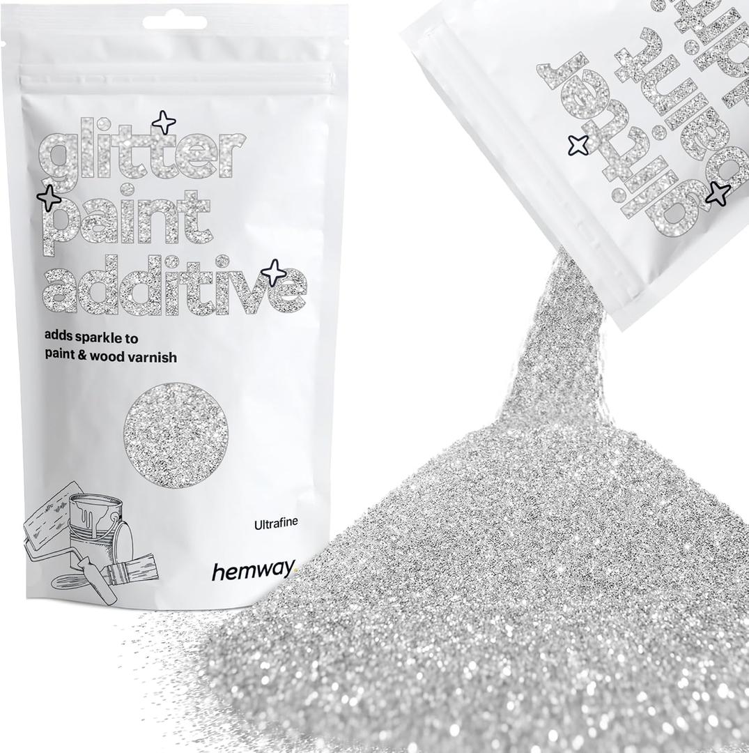 Hemway Glitter Paint Additive Glitter Crystals for Acrylic Paint, Interior & Exterior Walls, Wood, Varnish, Furniture, Matte, Gloss, Satin, Silk - 100g / 3.5oz - Silver