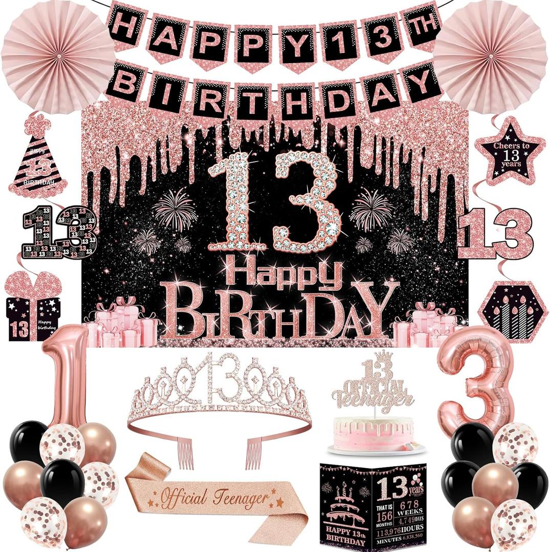 13th Birthday Decorations for Girls,32PCS 13th Birthday Party Decorations,Including Backdrop, Crown, Sash, banner, Hanging Swirl,balloons,Cake Topper,Paper Fans and Anniversary Card