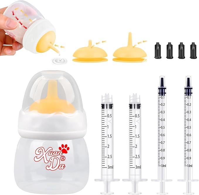 Pet Feeding Bottle and Syringes,60ml Nursing Bottle, 3 Sizes Nipples with Ventilation Valve Resistant Tearing Perfect for Puppies, Kittens, Small Wildlife (Yellow)