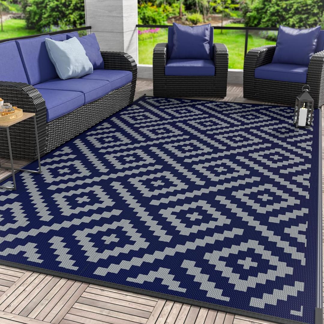 GENIMO Outdoor Rug for Patio Clearance, 6'x9' Waterproof Camping Mat, Reversible Plastic Straw Rugs for RV, Camper, Balcony, Backyard, Picnic, Deck (Blue & Grey)